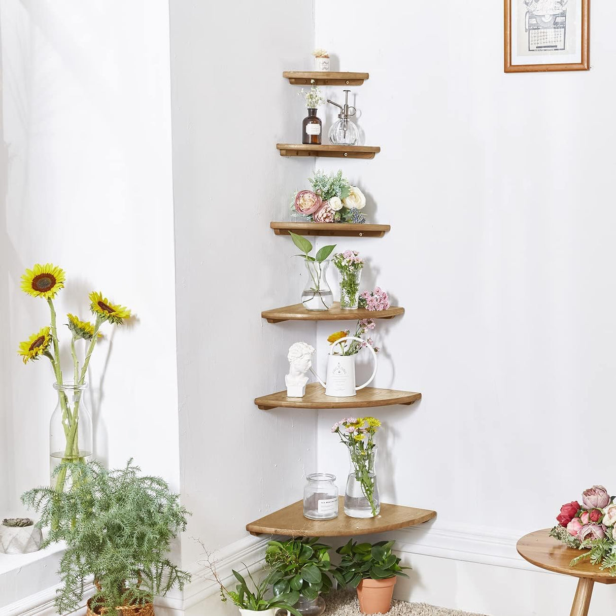 Corner Shelves, Floating Corner Shelf, Set of 2 7inch Solid Oak Wood Wall Shelves, Round End Wall Mount with Wire Hole Shelving for Small Plant for Bedroom Kitchen, Living Room Conamily