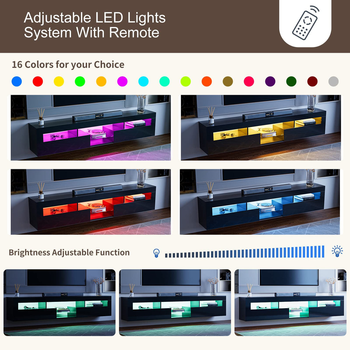 AOVSA LED Floating TV Stand for 85 Inch TV, Black High Glossy Wall Mounted Haning TV Stand with Cabinets, Entertainment Center Console Shelf for Living Room AOVSA