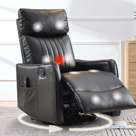 cinkehome Heated Massage Swivel Rocker Recliner Chair for Nursery - Small Space Reclining Chair with Lumbar Support, 360° Swivel & Gentle Rocking, Ergonomic High Back Faux Leather Black cinkehome
