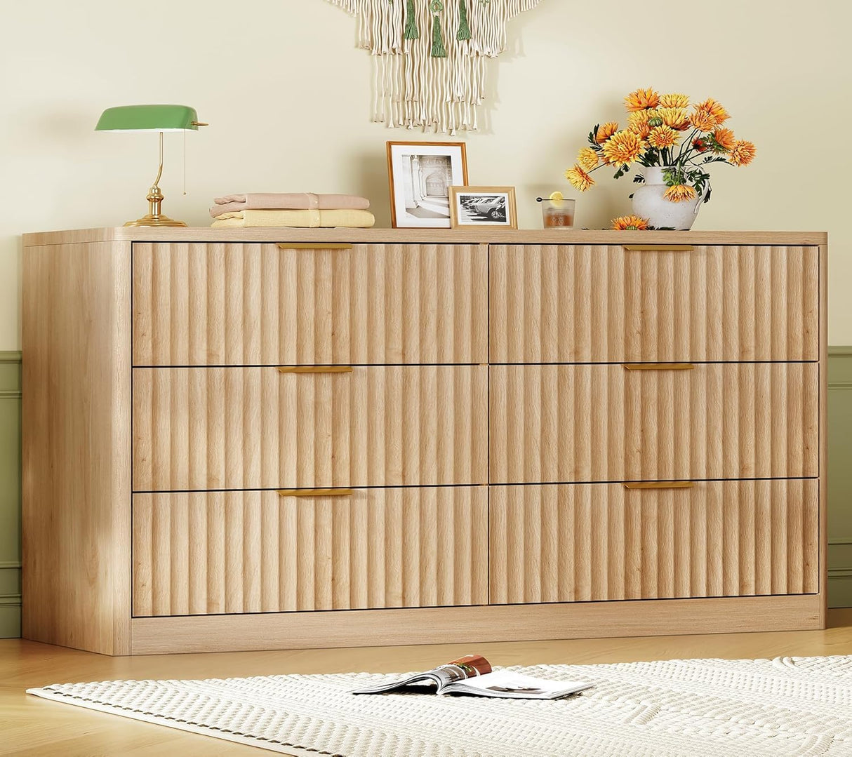 TEENFON Fluted 6 Drawer Dresser for Bedroom, Wide Modern Chest of Drawers with Metal Handle, Curved Profile Design, Wood Closet Clothes Storage Organizer for Bedroom, Living Room, Hallway, Natural TEENFON