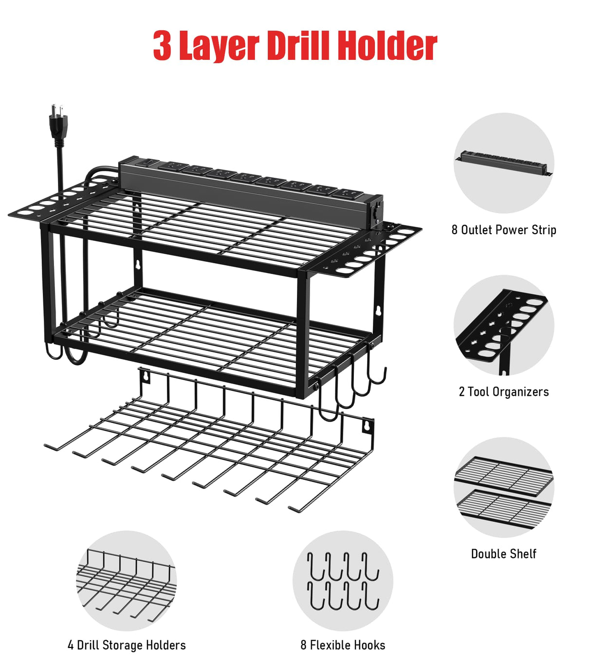 JUNNUJ Tool Organizer with Charging Station, 3 Layers Wall Mount Garage Tools Storage with 8 Outlets Power Strip, 4 Drills Holder Battery Heavy Duty Metal Shelf, Utility Rack with Hooks, Black JUNNUJ