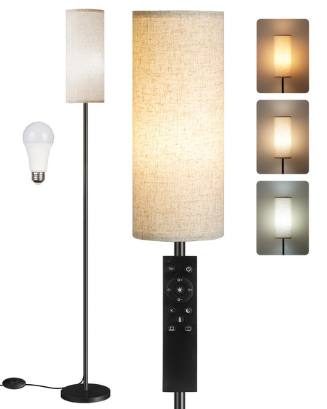 GOEBLESON Dimmable Floor Lamp for Living Room, Corner Floor Lamp with Remote, 66'' Standing Tall Lamp, Linen Lampshade, 10W 800LM LED Bulb for Bedroom Study, FCC Listed, Black and Beige E06LD05 GOEBLESON