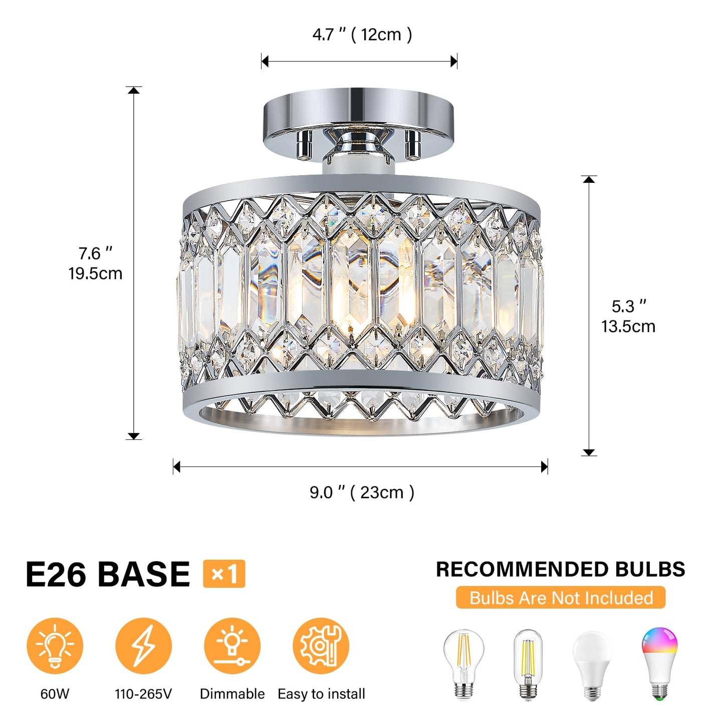 YURNYQ Crystal Ceiling Light Fixture, Modern Semi Flush Mount Ceiling Light, Chrome Lighting Fixtures Ceiling Lamp for Hallway, Kitchen, Entryway, Bedroom, Laundry Room, 9.05 Inch