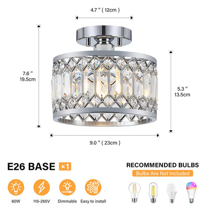 YURNYQ Crystal Ceiling Light Fixture, Modern Semi Flush Mount Ceiling Light, Chrome Lighting Fixtures Ceiling Lamp for Hallway, Kitchen, Entryway, Bedroom, Laundry Room, 9.05 Inch