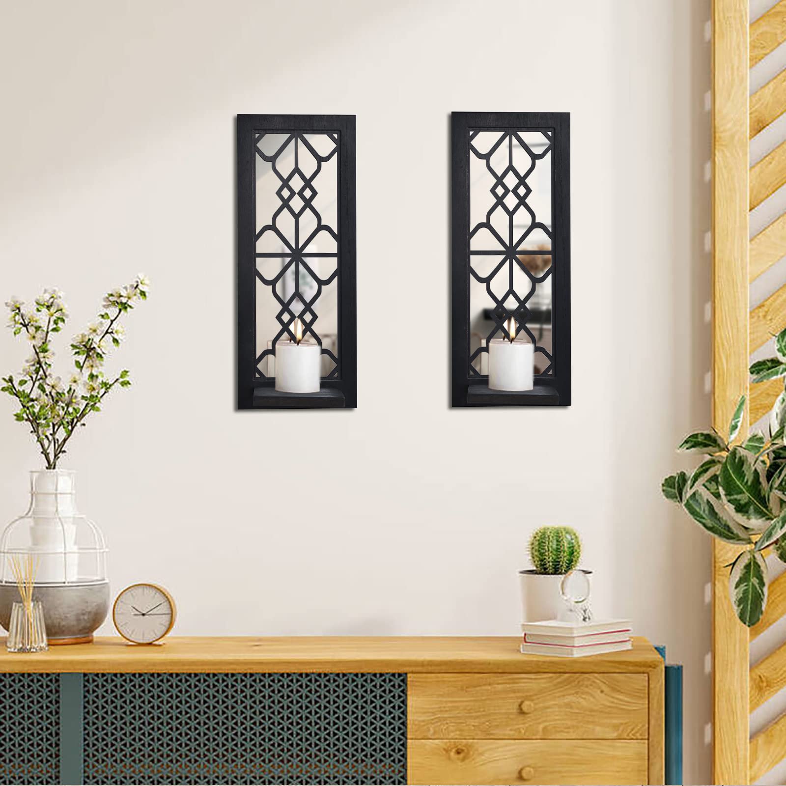 Wood Wall Sconce Candle Holder Set 2, Rustic, Wall-Mount, Farmhouse Hanging Wall Décor, Carved Wood Frame, Mirrored Candle Holder (Black) - WoodArtSupply