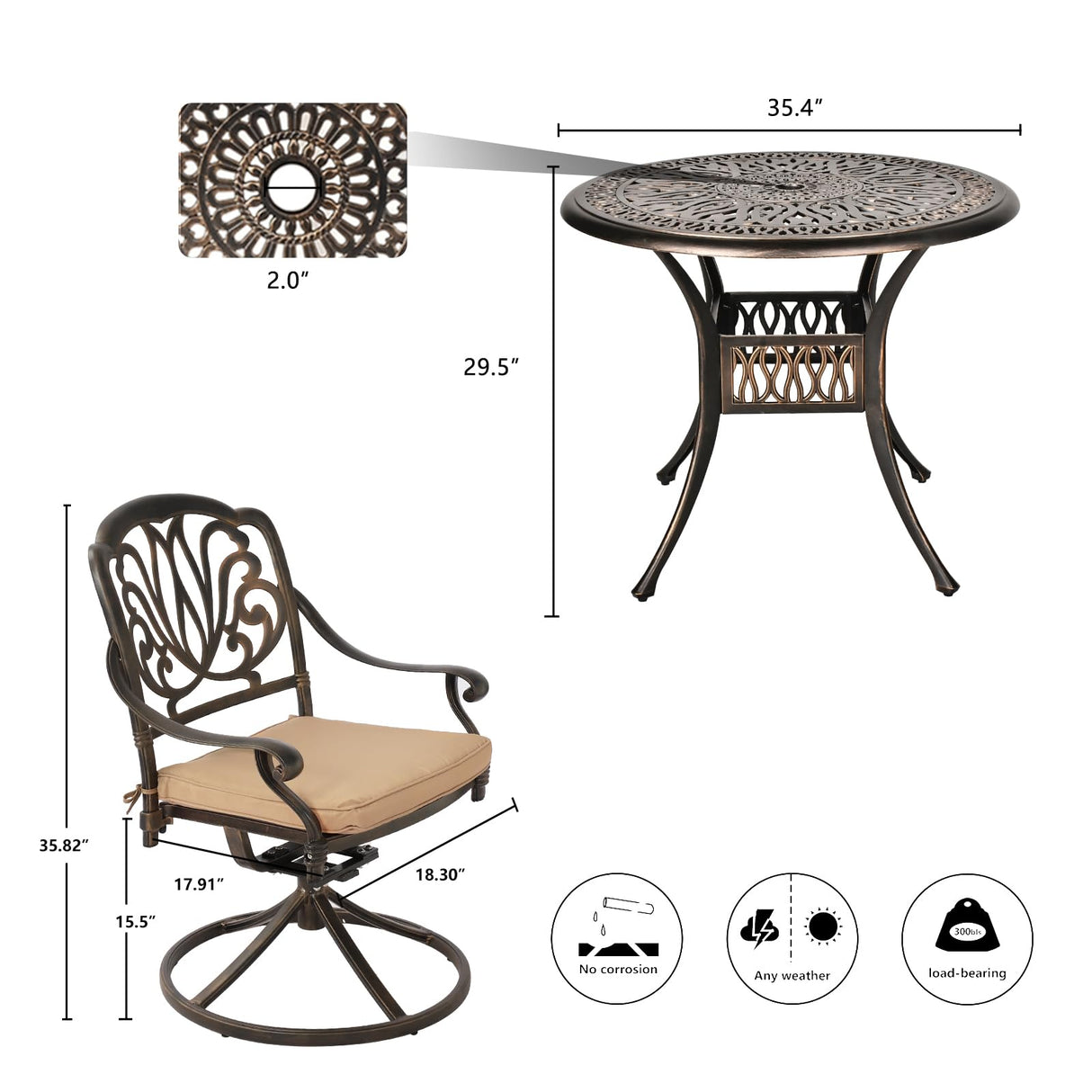 Grepatio 5 Piece Outdoor Dining Set Cast Aluminum Patio Dining Set Table and Chairs Outside Furniture 4 Swivel Chairs with Cushion and 1 Umbrella Hole Round Dining Table for Lawn Garden Patio (Khaki) Grepatio