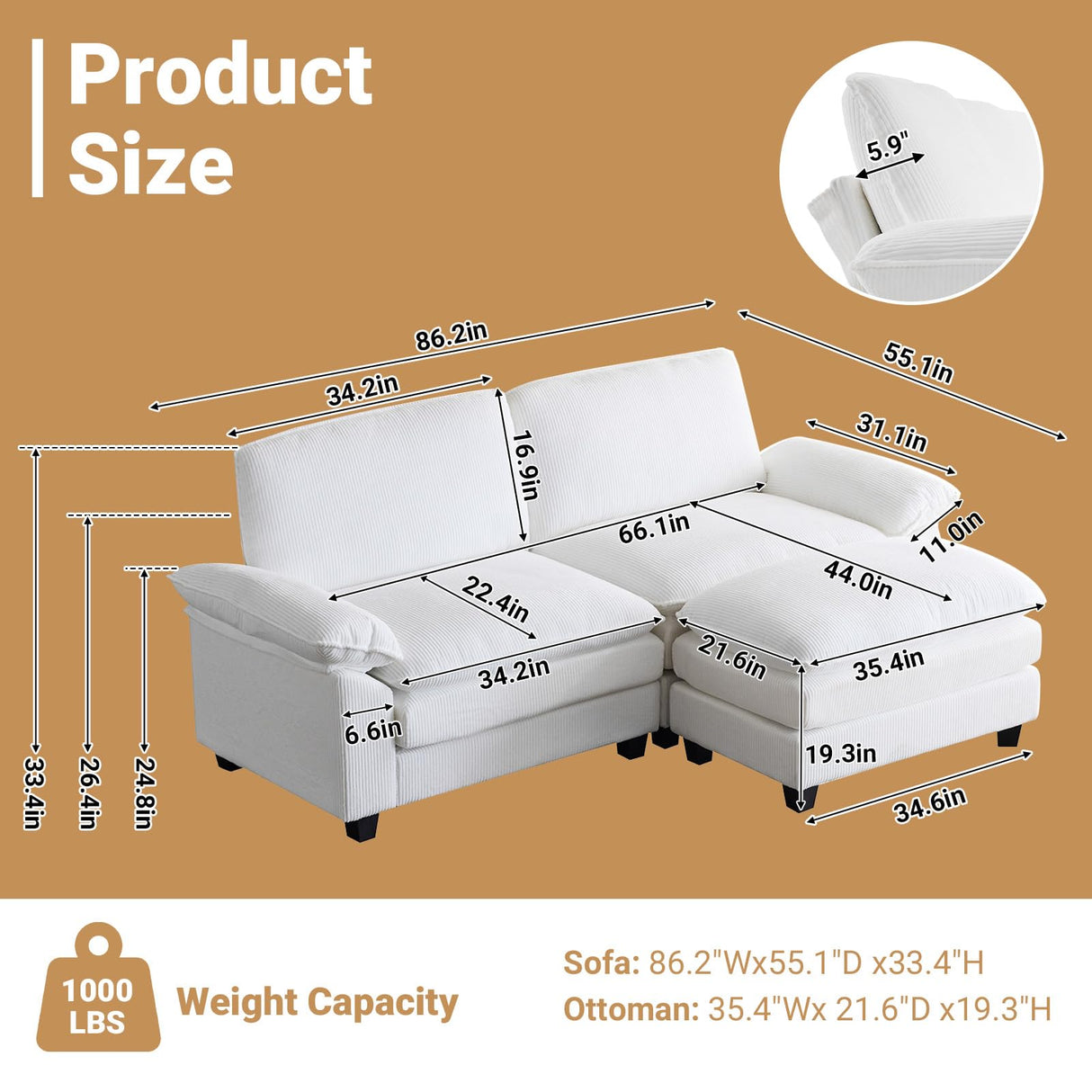 VINGLI 86" Cloud Corduroy Sectional Sofa, Comfy L-Shaped Extra Deep Seat Sofa Couch for Living Room,Modern 2-Seat Convertible Loveseat Sofa with Ottoman for Small Space(White) VINGLI