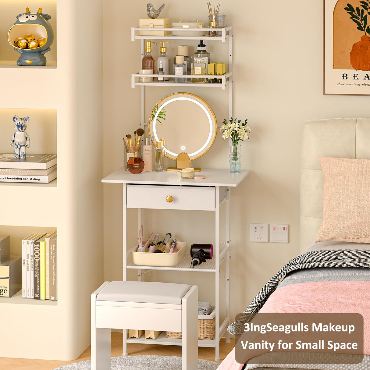 3IngSeagulls Small Vanity Desk Without Mirror, Makeup Vanity Table for Small Space, Compact White Dressing Table with Fabric Drawers, Makeup Vanity with Storage for Bedroom, White, 23.6in（W） 3IngSeagulls