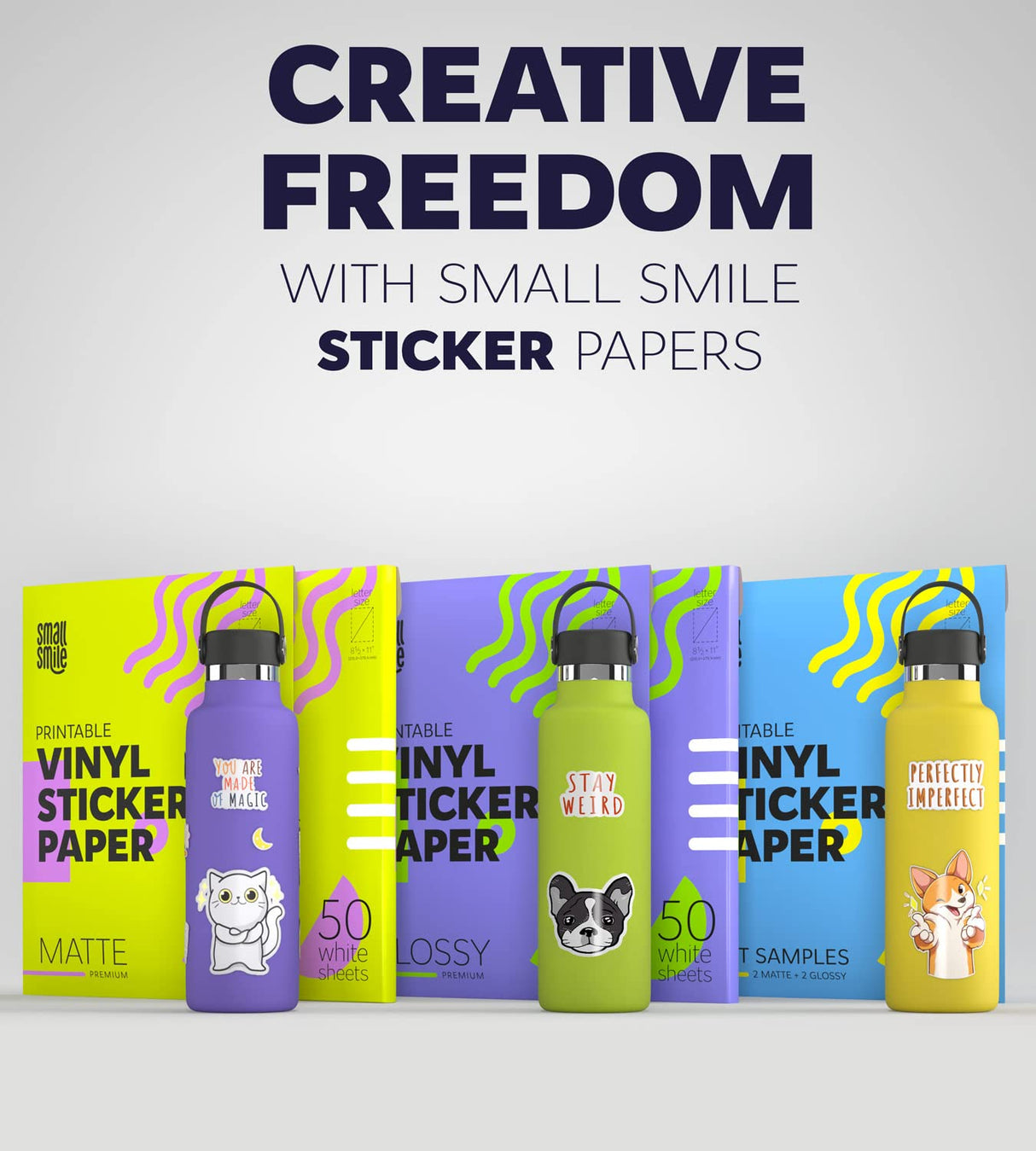 Premium Printable Vinyl Sticker Paper for Inkjet Printer and Laser - 20 White Matte Sticker Paper Waterproof - Durability Adhesive Paper 8.5 x 11, Fast Dry, Holds Ink Well, Great for Cutting Machines SMALL SMILE