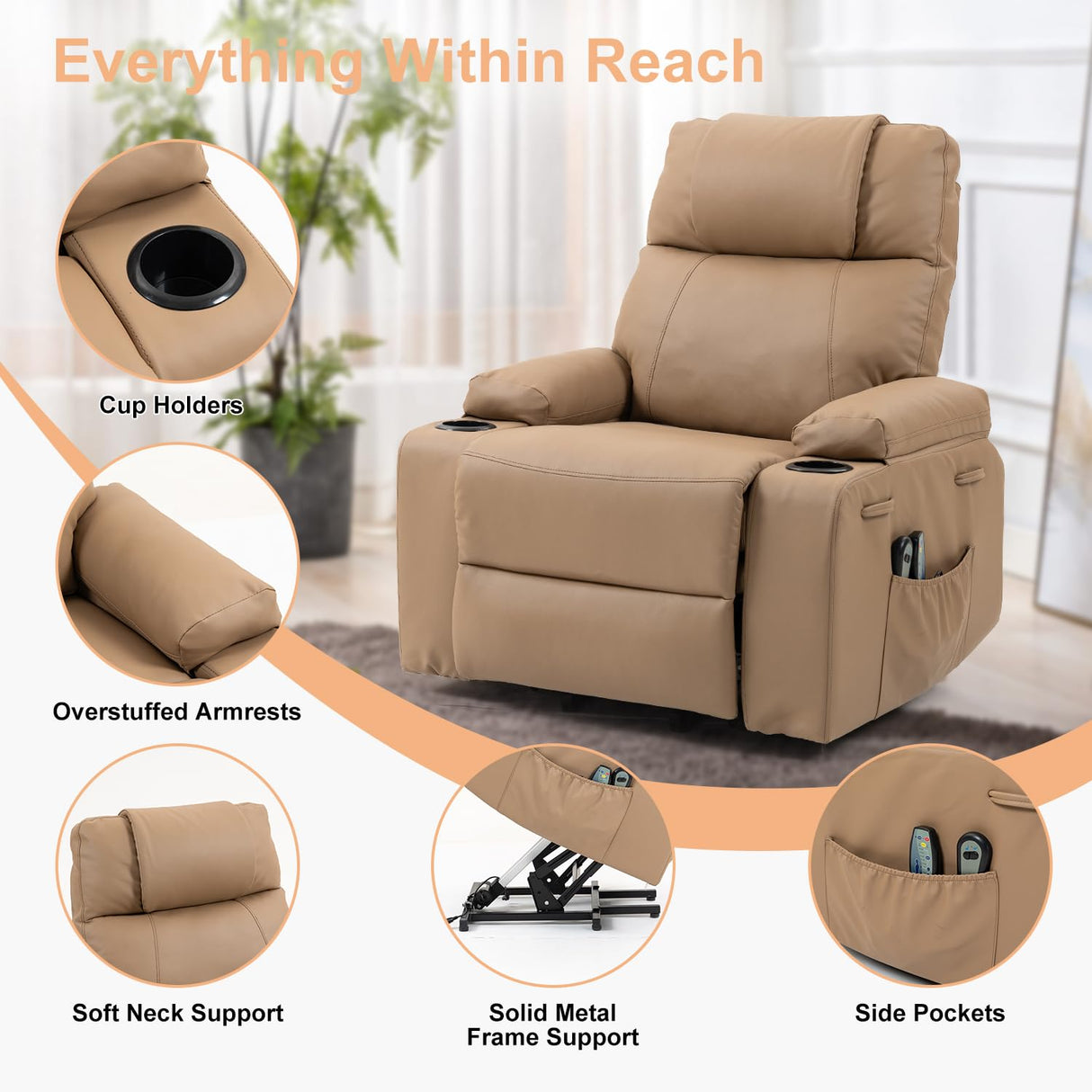 Power Lift Recliner Chair for Elderly, Electric Stand Assist Reclining Chair with Massage and Heat Function, Leather Living Room Furniture, Comfy Single Sofa with Cup Holders, Side Pockets, Brown BRTHORY