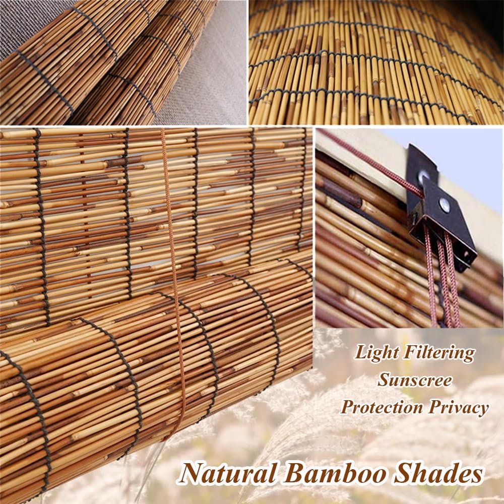 Blackout Bamboo Roller Shades for Indoor/Outdoor Patio Privacy,Natural Bamboo Roll Up Blinds Wide 22" 24" 33" 36" 40" 42" 48" 53" 59" 60" 66" 72" 73" Cordless Sunshades Window Shades WoodArtSupply