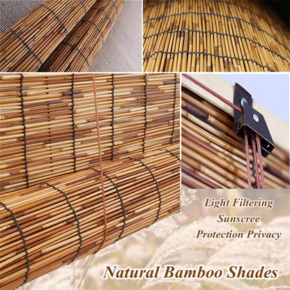 Blackout Bamboo Roller Shades for Indoor/Outdoor Patio Privacy,Natural Bamboo Roll Up Blinds Wide 22" 24" 33" 36" 40" 42" 48" 53" 59" 60" 66" 72" 73" Cordless Sunshades Window Shades