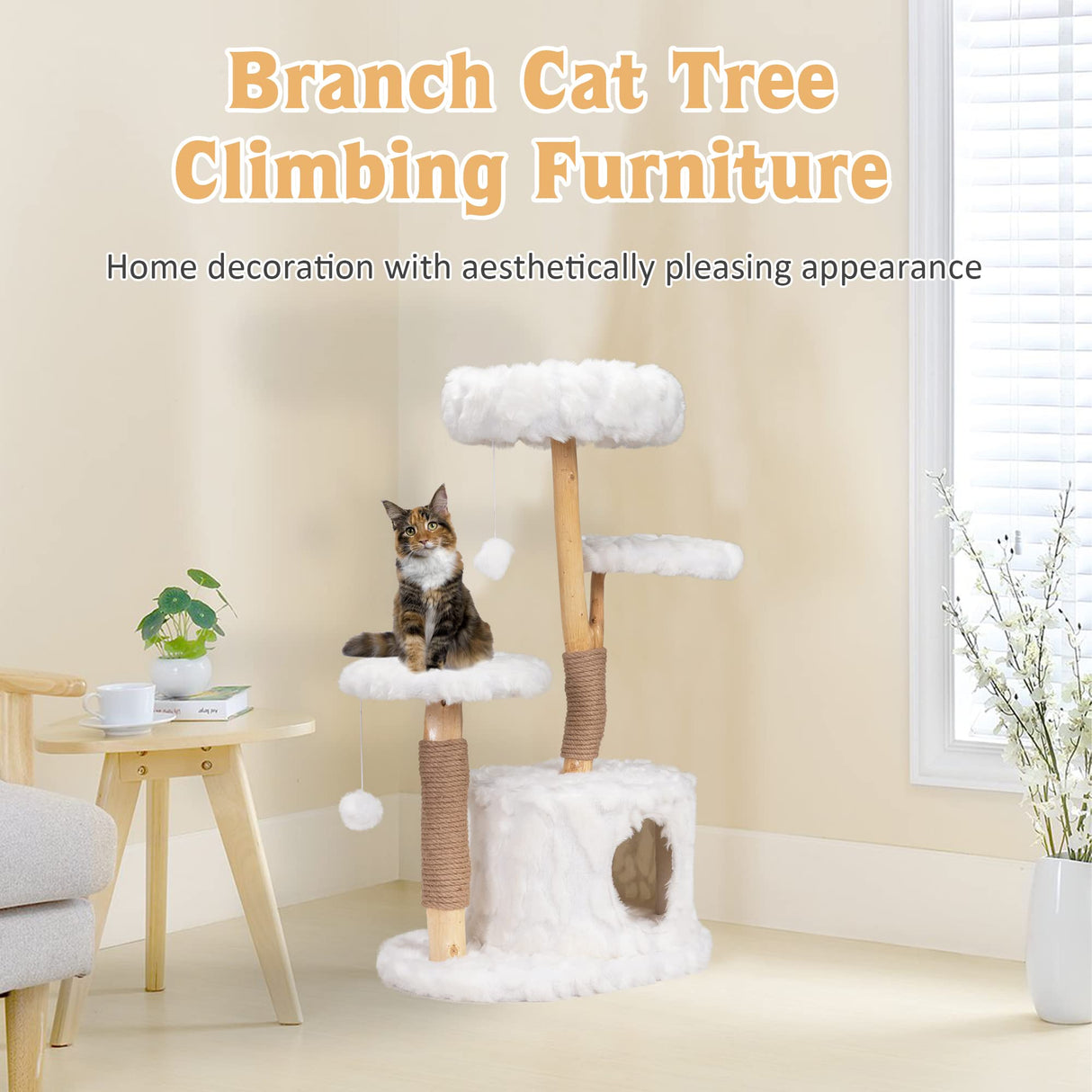 COZIVVOVV Modern Cat Tree, Natural Branch Cat Tower with Condo and Climbing Perches, Kitten Scratching Tree, Cat Furniture Gift, White COZIVVOVV