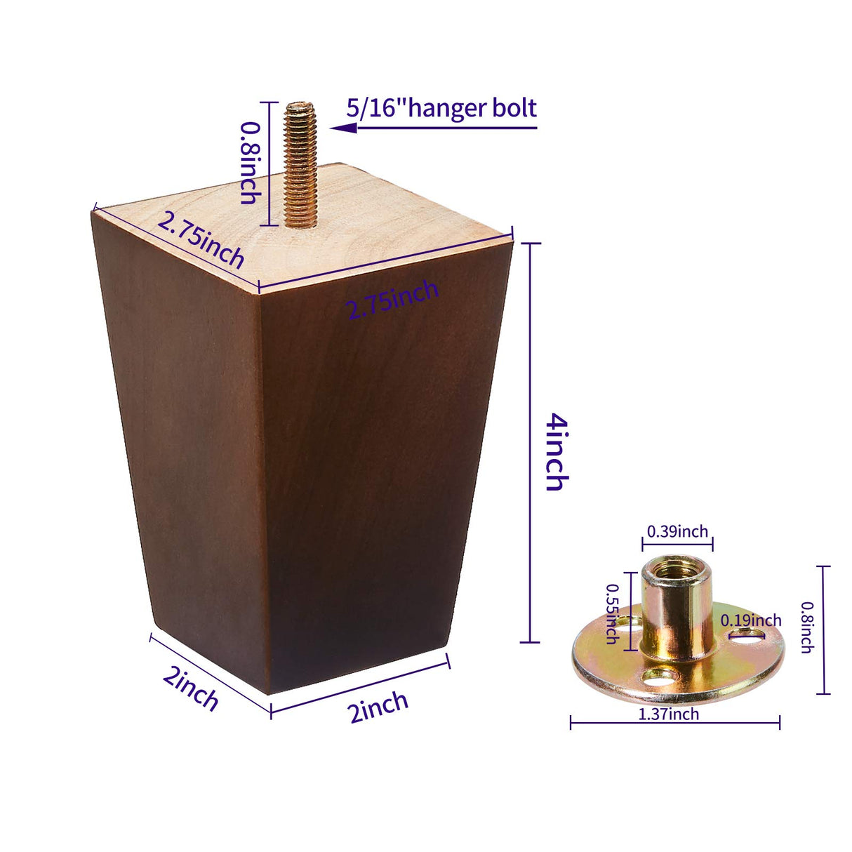 SHANJUE Wood Furniture Legs 4 inch Sofa Legs Set of 4,Square Brown Couch feet,Mid Century Chair Legs,Replacement Couch Legs, for Dresser Legs Sideboard Recliner Coffee Table SHANJUE