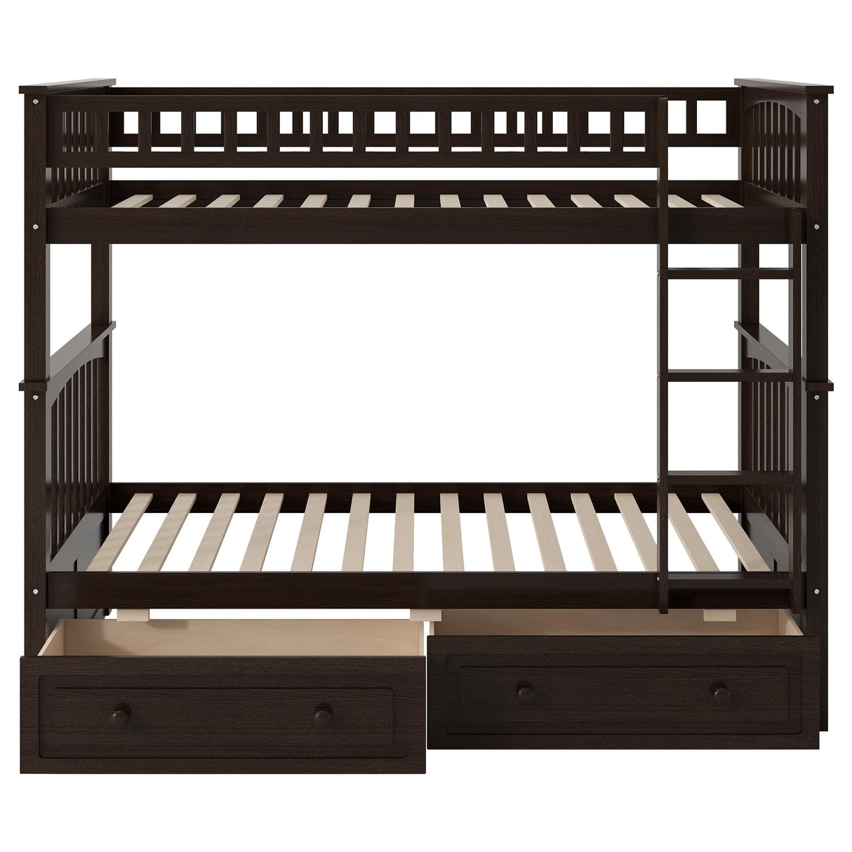 Linique Twin Over Twin Bunk Bed with 2 Drawers and Ladder,Multifunctional Wooden Bunk Bed with Full Length Guardlails and Ladder,Can be Separated into 2 Platform Beds,Espresso Linique