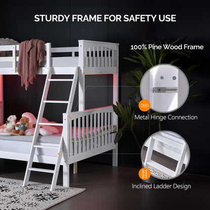 VINGLI Twin Over Full Bunk Bed with LED Lighting & USB Ports, Extra Tall Safety Guardrails, Convertible Design, Solid Wood, White - WoodArtSupply