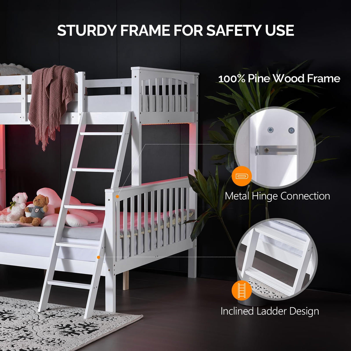 VINGLI Bunk Bed Twin Over Full Size with 15 inches Extra Tall Guardrail/LED Light/Charging Station, Convertible Solid Wood Space-Saving Bed for Small Space, Heavy Duty Wood Slats Support, White VINGLI