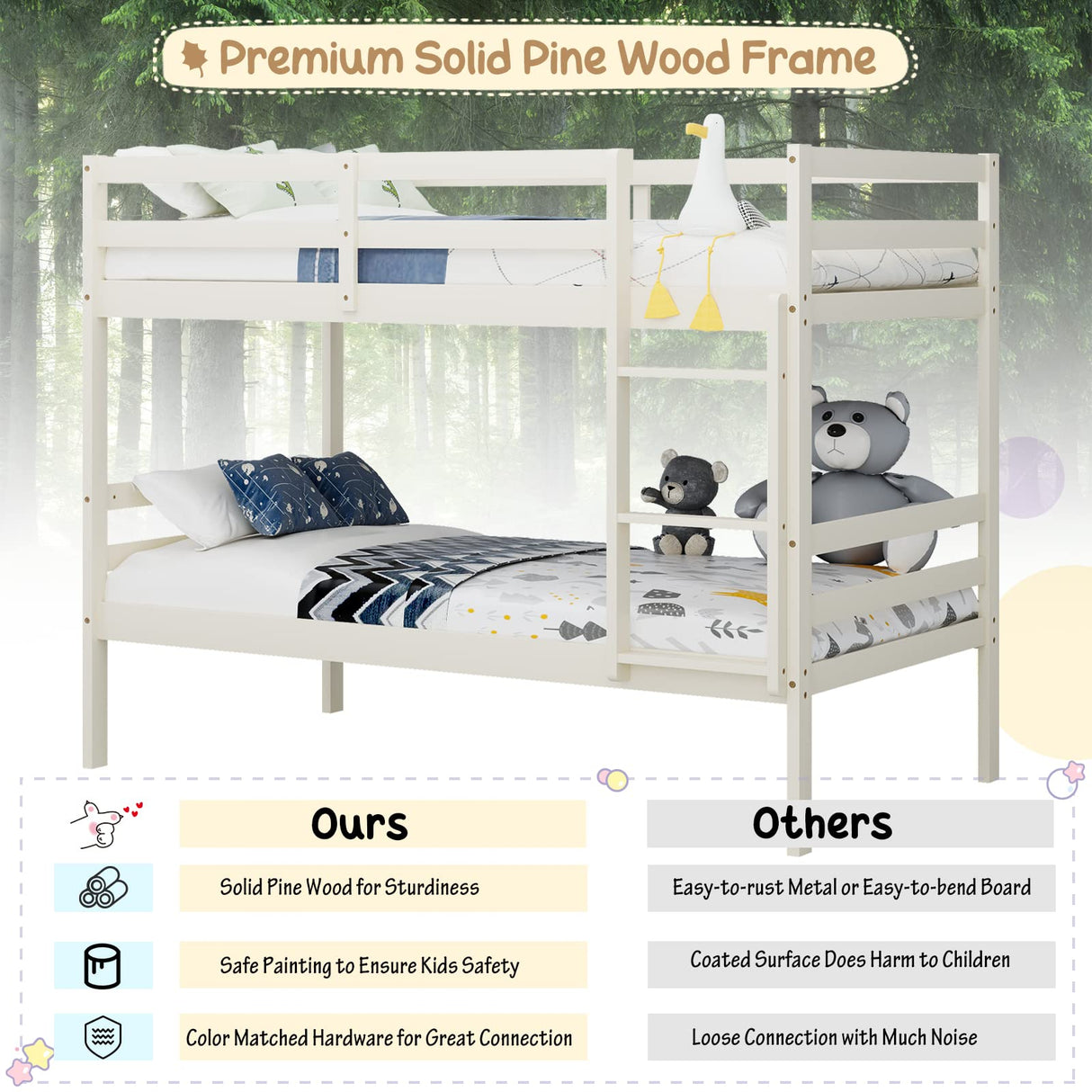 KOMFOTT Wood Bunk Bed Twin Over Twin, Bunk Bed with Ladder & Safety Guardrail, Solid Wood Bed Frame, Ideal for Dormitory & Multiple-Child Family, No Box Spring Needed, Kids Bed Frame KOMFOTT