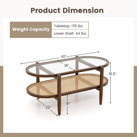 Tangkula Rattan Coffee Table, 40”L Boho Oval Acacia Wood Cocktail Table with Tempered Glass Tabletop & PE Rattan Storage Shelf, 2-Tier Tea Center Table for Living Room Office Reception (Boho, Brown) Tangkula
