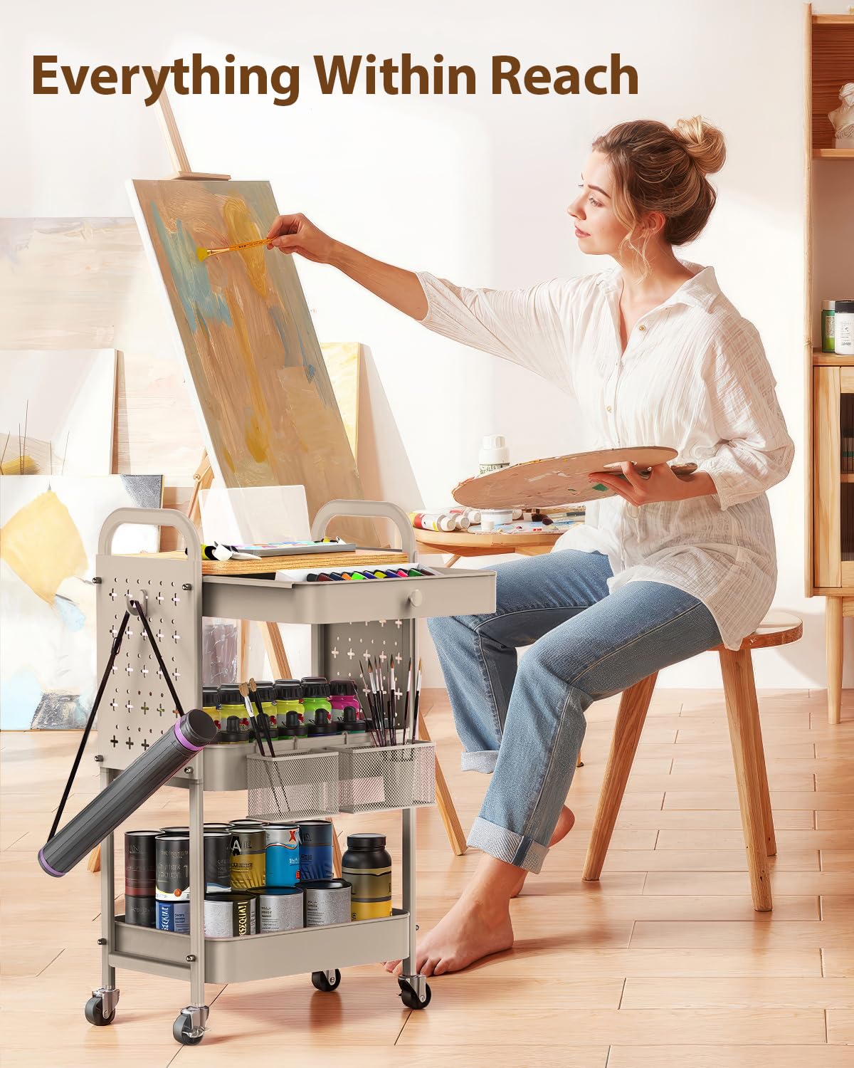 ALVOROG Rolling Cart with Drawer and Wood Table Top, 3 Tier Metal Rolling Utility Cart on Wheels with DIY Pegboards, Hanging Baskets, Hooks for Kitchen, Bedroom, Office, Craft Supplies ALVOROG