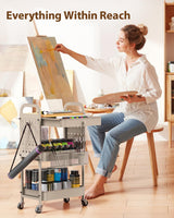 ALVOROG Rolling Cart with Drawer and Wood Table Top, 3 Tier Metal Rolling Utility Cart on Wheels with DIY Pegboards, Hanging Baskets, Hooks for Kitchen, Bedroom, Office, Craft Supplies ALVOROG