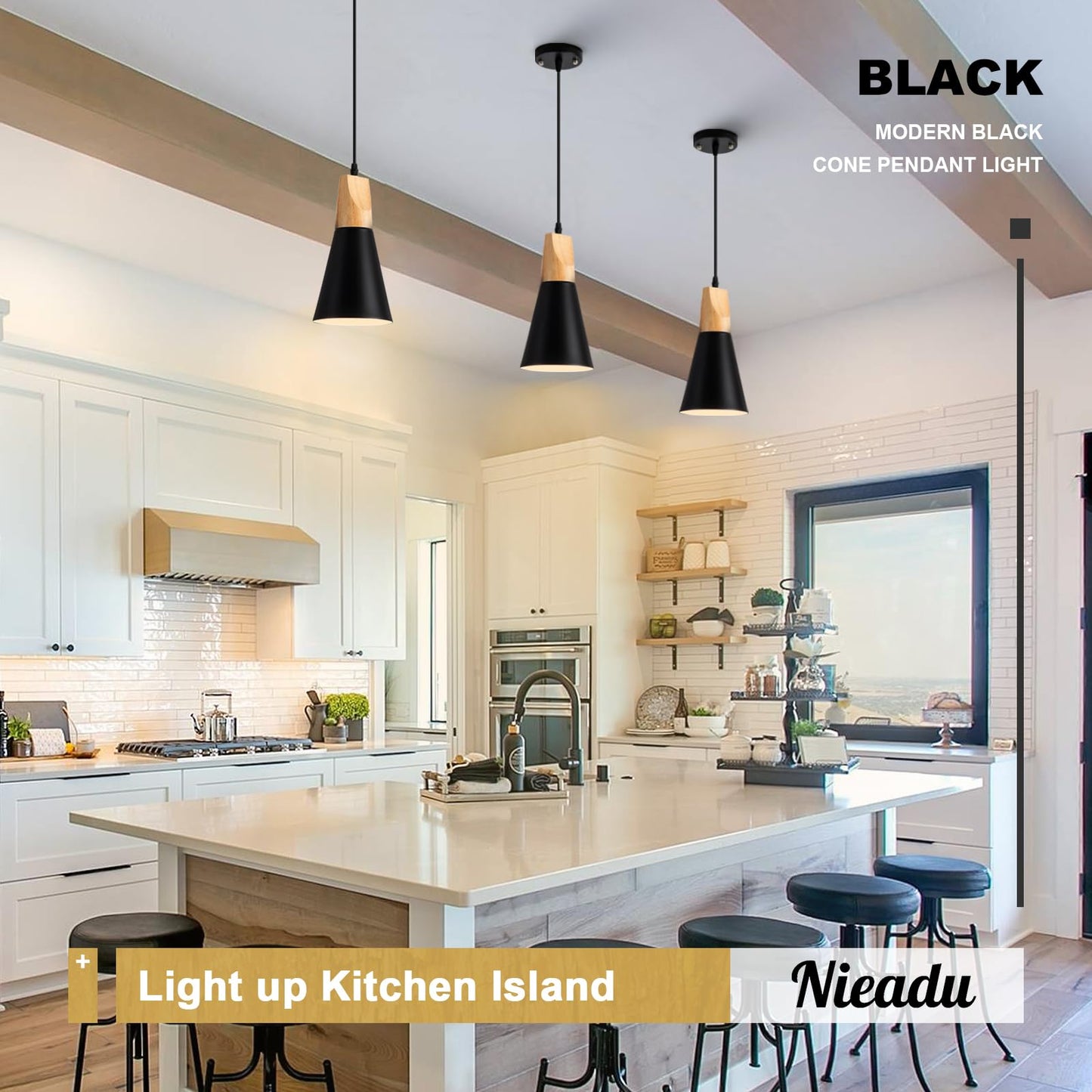 Black Wood Nordic Pendant Light for Kitchen Island, 3-Pack Modern Small Pendant Hanging Lighting for Dining Room, Restaurant, Bar, Light Over Island, Kitchen Sink - WoodArtSupply