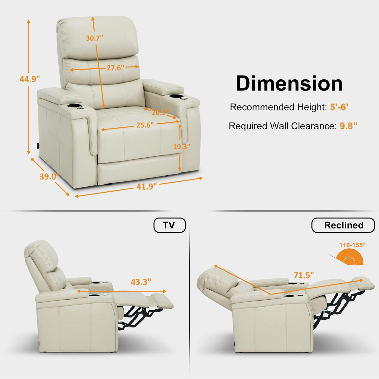 MCombo Triple Motors Power Recliner Chair with Power Headrest & Lumbar Support for Living Room, Home Theater Seating with Armrest Storage, Tray Table and Dual Charging Ports HTS708 (Beige) MCombo