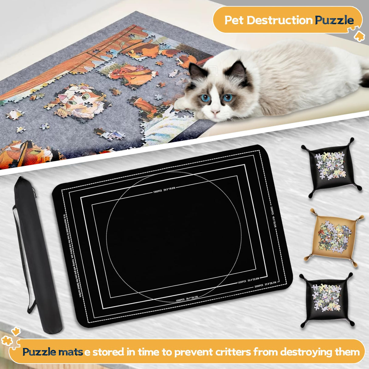 Pohxev Jigsaw Puzzle Mat Roll Up, Portable Saver Pad 43” x 26” Up to 1500 Pieces, Puzzle Matt Rollup with Non-Slip Rubber Bottom & Smooth Top. (6 Puzzle Sorting Trays & 1 Storage Bag) Pohxev