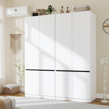 LABROSKIA White Armoire Wardrobe Closet: 74" Wooden Wardrobe Closet with 4 Doors, Bedroom Armoires with Hanging Rod, Tall Closets Cabinet for Hanging Clothes (63") LABROSKIA
