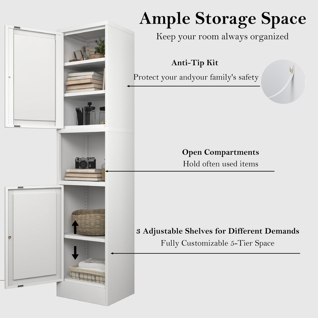Boegica 67" Tall Metal Bathroom Storage Cabinet,6-Tier Freestanding Linen Tower with 2 Doors,Narrow Slim Metal Locker Storage Cabinet for Small Spaces,Modern,White Boegica