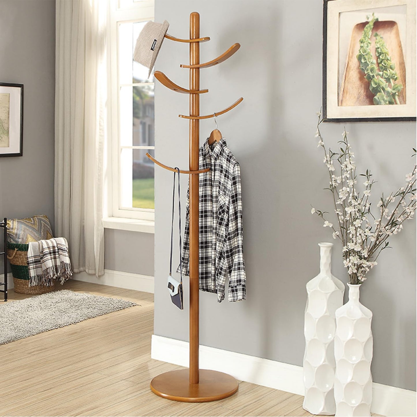 Pieryakers Wooden Coat Rack,Wood Coat Rack Stand with 5 Hooks,Freestanding Coat Rack Coat Tree, Easy to Assemble, For Entryway, Bedroom, Office,Coat, Bag (Walnut) - WoodArtSupply