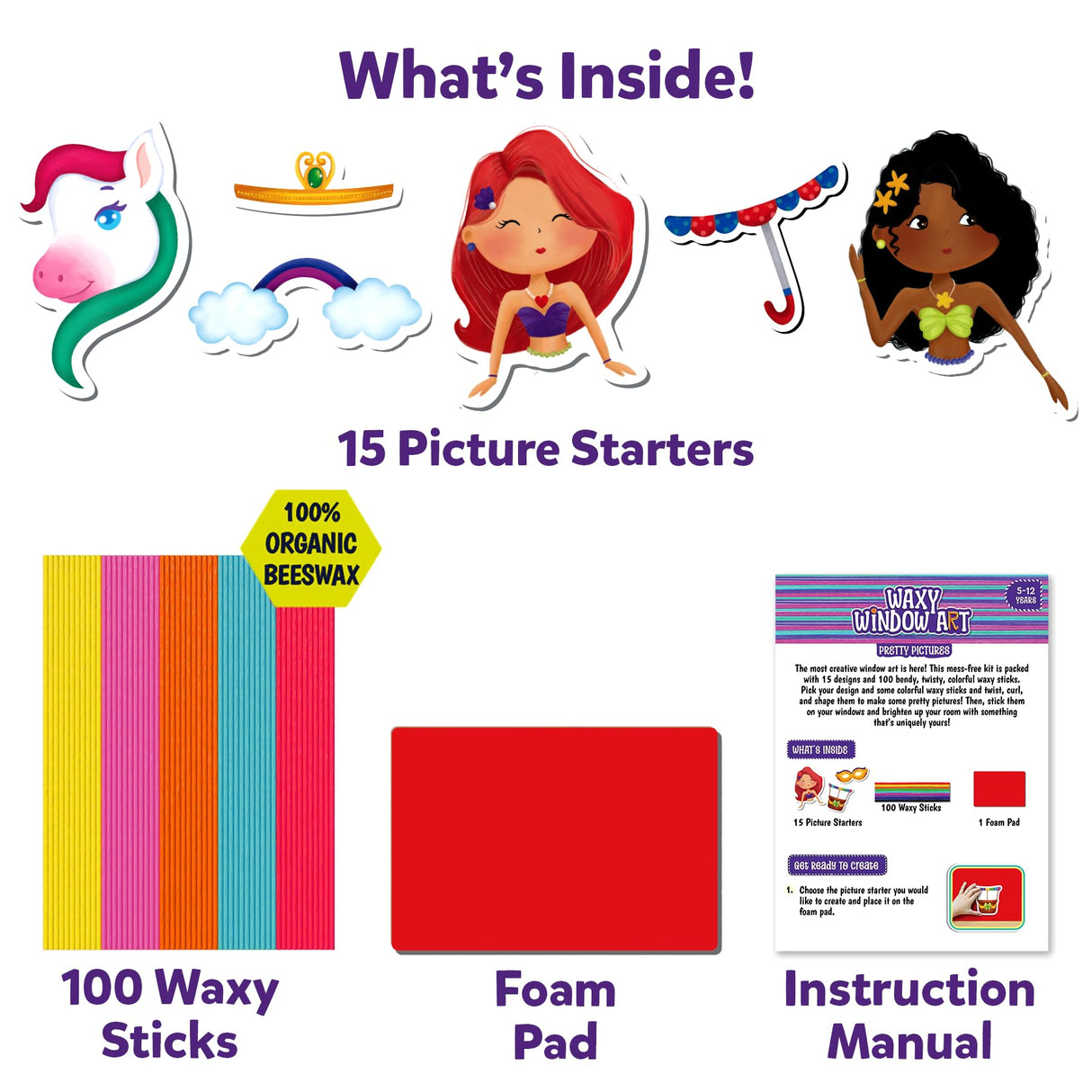 Skillmatics Waxy Stick Art Kit - 100 Bendable & Reusable Waxy Sticks for Mess-Free DIY Fun, Pretty Pictures with Unicorns & Princesses, Creative Gifts for Girls & Boys Ages 5, 6, 7, 8, 9, 10, 11, 12 Skillmatics
