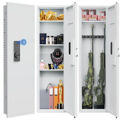 53.15" Tall Wall Safe Between the Studs 16" Centers, Hidden Wall Safes With Removable shelfs and Adjustable Gun Rack, Biometric Wall Gun Safe for Home Rifle, Cash, Jewelry, Documents - White