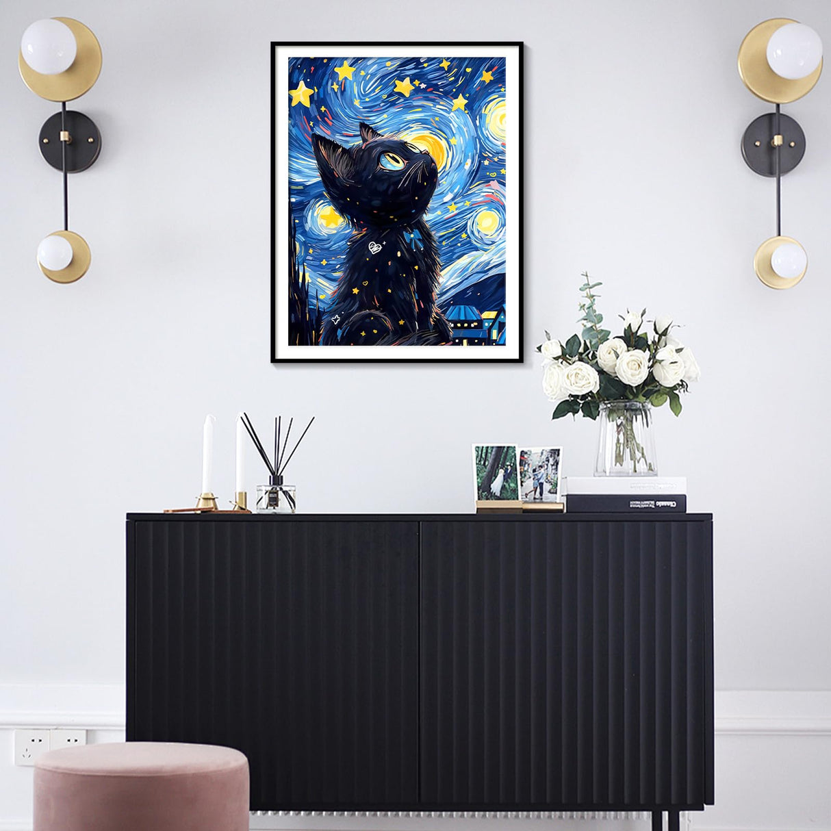 Yunnuo DIY 5D Diamond Painting Kits, Black Cat Diamond Art Kits for Adults, Full Drill Diamond Dots Gem Paintings Canvas for Beginners, Perfect for Festival Home Wall Decor 12x16inch (Starry Night) Yunnuo