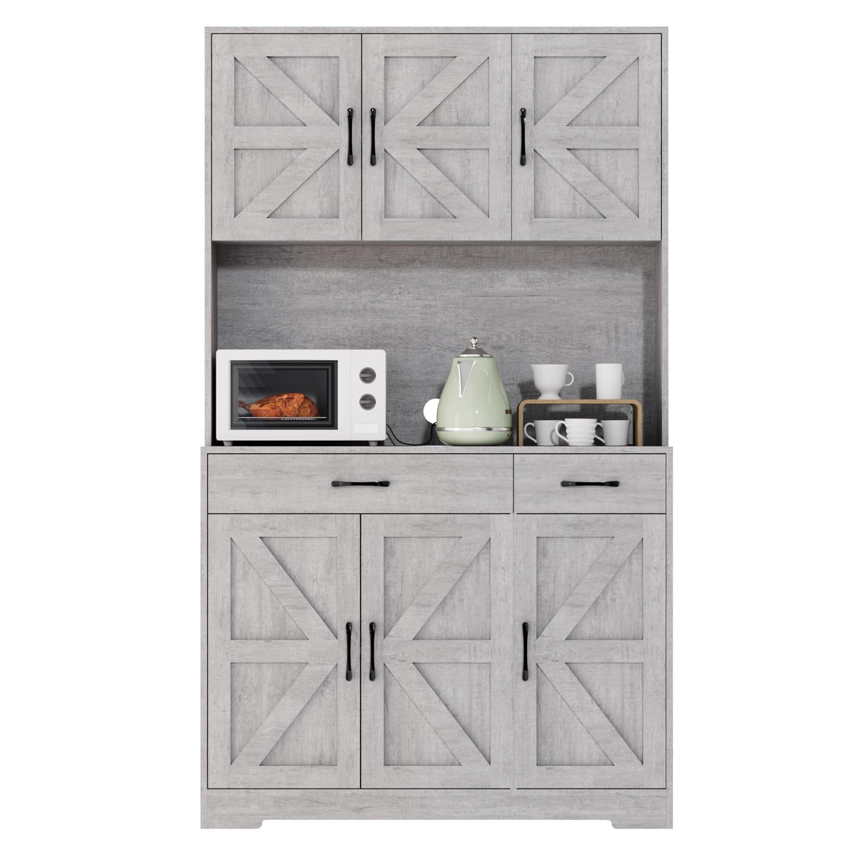 Azaeahom 71" Pantry Cabinet with Charging Station, Kitchen Storage Cabinet with Microwave Stand, 8-Zone Organization, 2 Smooth-Glide Drawers, Open Countertop for Dining, Kitchen, Living Room (Gray) Azaeahom