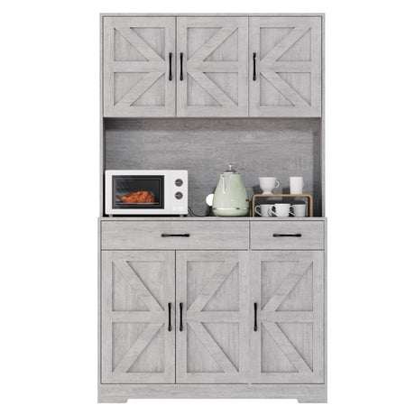 Azaeahom 71" Pantry Cabinet with Charging Station, Kitchen Storage Cabinet with Microwave Stand, 8-Zone Organization, 2 Smooth-Glide Drawers, Open Countertop for Dining, Kitchen, Living Room (Gray) Azaeahom