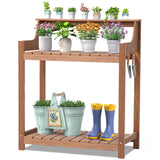 ONBRILL HDPS Potting Bench, All Weather Potting Table with 8 Hooks and Highten Tabletop, Easy Assembly Garden Work Bench, Outdoor Potting Benches for Outside Patio Lawn, 360LBS Capacity, Teak ONBRILL