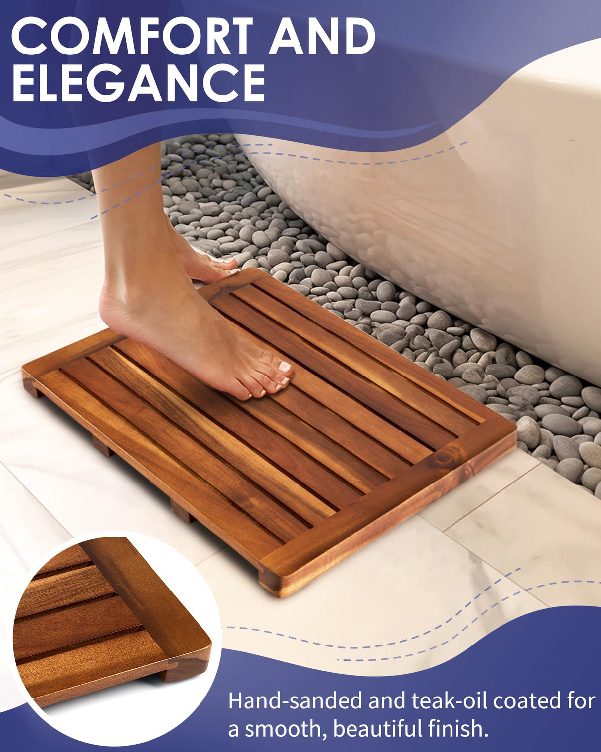 Upolana Teak Shower Mat, 24 x 18 inch Wood Bath Mat for Inside Shower, Wooden Shower Floor Mat Teak Wood Bath Mat for Bathroom Spa & Outdoor Use Upolana