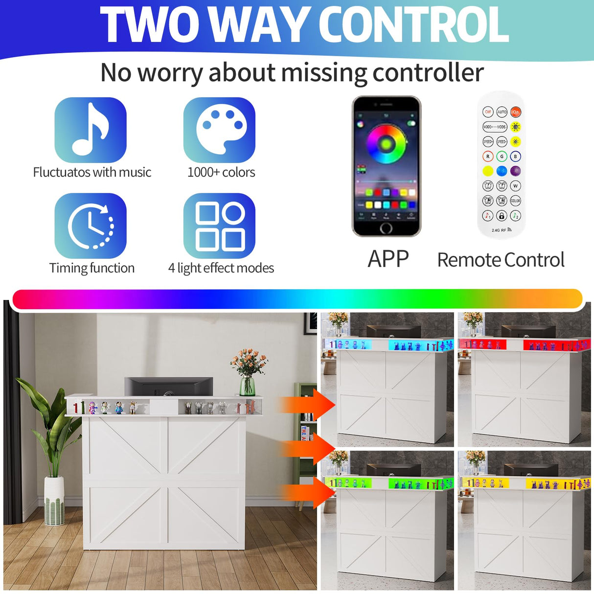 PakaLife Reception Desk with Counter, Front Desk Reception Counter Table with LED Lights, Retail Counter with Power Outlets,Drawers,Shelves, for Beauty Salon Lobby Shop Bar Checkout Office,White PakaLife