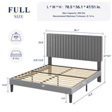 Allewie Full Bed Frame, Velvet Upholstered Platform Bed with Adjustable Vertical Channel Tufted Headboard, Mattress Foundation with Strong Wooden Slats, Box Spring Optional, Easy Assembly, Grey Allewie