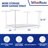 SafeRacks Overhead Garage Storage Rack - Heavy Duty Racks for Garage with 400 lb Capacity, Easy Garage Shelving, Adjustable Storage Rack, Ceiling Mount Storage Shelves 3x6 White (12"-21") SafeRacks