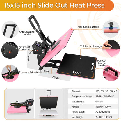 Whubefy Heat Press Machine 15x15 Slide Out, Digital Clamshell Heat Press Machine for T Shirts Printer, Heat Up Fast & Even, Sublimation Shirt Press Machine for Mouse Pad, Pillows, Coasters, P - WoodArtSupply