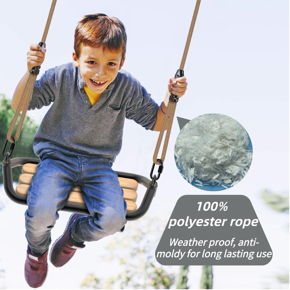 SELEWARE Hanging Wood Swing Seat Tree Swing for Kids, 100% Polyester Weather Proof Rope Heavy Duty Steel Tubing Structure Backyard Swing Set Replacement SELEWARE