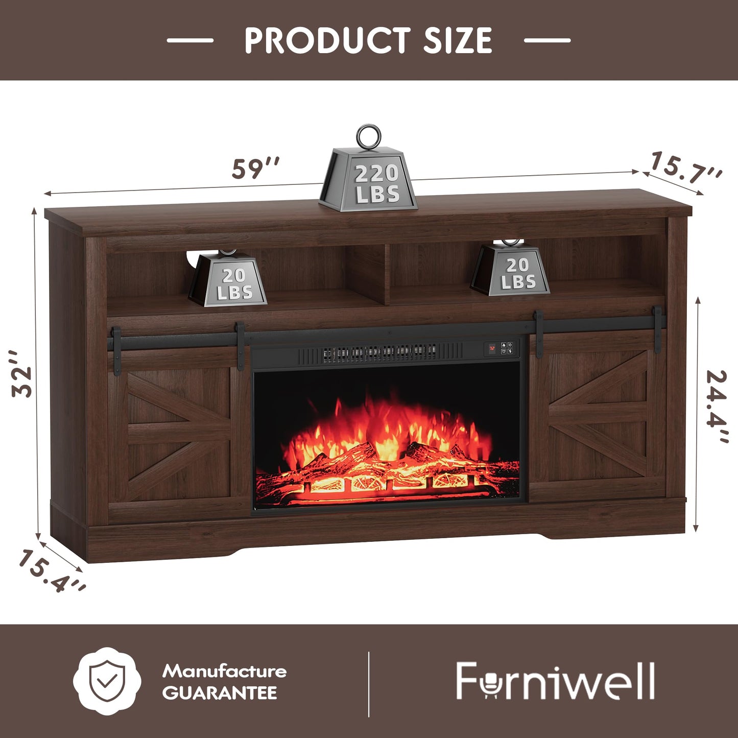 Furniwell Electric Fireplace TV Stand for TVs up to 65", Media Entertainment Center with 26” Fireplace, Farmhouse Console with Sliding Barn Door and Adjustable Storage Shelves for Living Room (Brown)