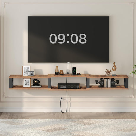MAHANCRIS Floating TV Stand with Power Outlet, Wall-Mounted Entertainment Console Center with Storage, Floating TV Shelf for Under TV Storage, for Living Room, Bedroom, Rustic Brown TVHR103E01 MAHANCRIS