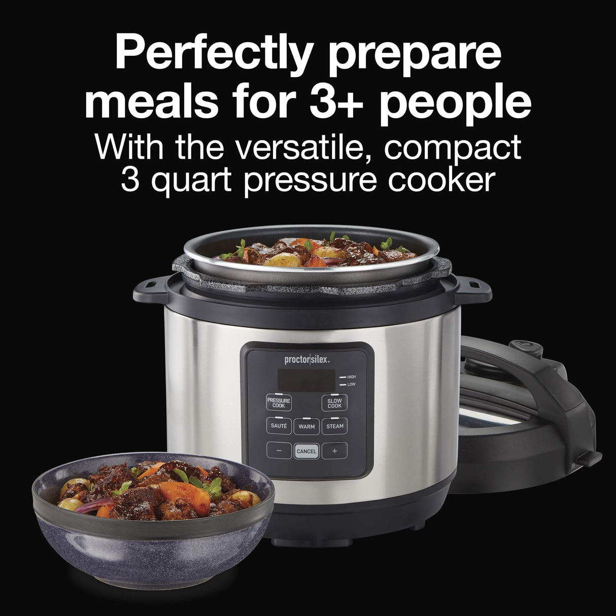 Proctor-Silex Simplicity 4-in-1 Electric Pressure Cooker, 3 Quart Multi-Function With Slow Cook, Steam, Sauté, Rice, Stainless Steel (34503) Proctor Silex