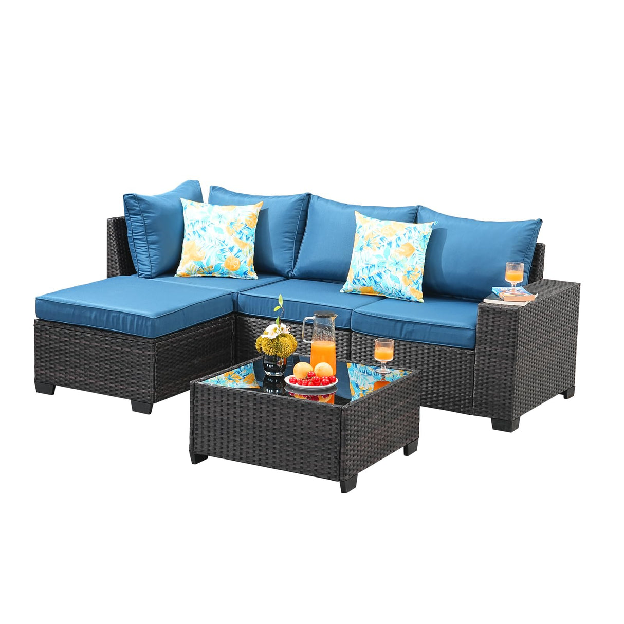 Jing's Villa 5-Piece Patio Furniture Set, All-Weather Outdoor Wicker Sectional Sofa with Cushions, Tempered Glass Table & Ottoman, Rattan Conversation Seating for Porch, Garden, Backyard,Peacock Blue Jing's Villa