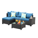 Jing's Villa 5-Piece Patio Furniture Set, All-Weather Outdoor Wicker Sectional Sofa with Cushions, Tempered Glass Table & Ottoman, Rattan Conversation Seating for Porch, Garden, Backyard,Peacock Blue Jing's Villa