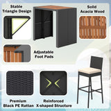 RELAX4LIFE 5-Piece Outdoor Bar Set - Wicker Rattan Bar Height Dining Table w/Acacia Wood Top & 4 Bar Stools Chairs w/Seat Cushions, Backrest, Footrest, Outside Patio Bistro Set for Backyard (47.5'') RELAX4LIFE