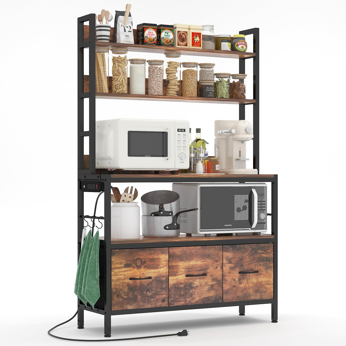 NAIYUFA Kitchen Bakers Rack with Power Outlet,5-Tier Free Standing Storage Shelf Bakers Rack with Baskets,Industrial Microwave Oven Stand,Metal Kitchen Rack Organizer with Hooks NAIYUFA